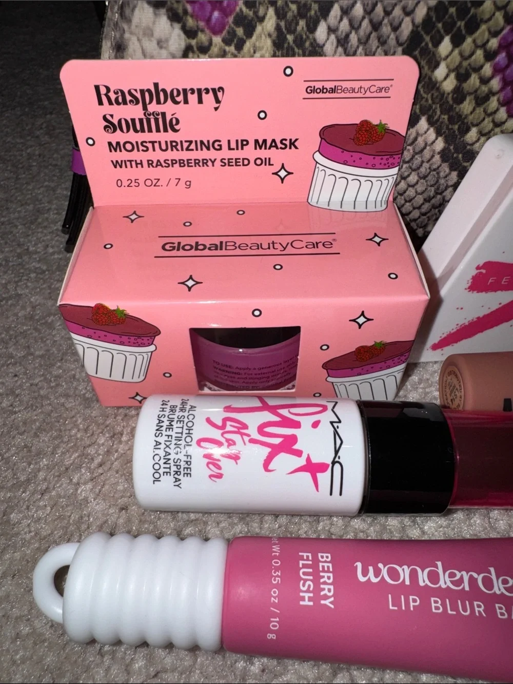 Victoria's Secret Pink & Cream Snake-Print Makeup Pouch with Pink Lip Care Set